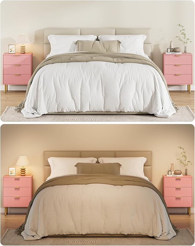 Night Stand,Tall Bedside Table with 3Storage Drawers,Pink nightstand,Bedside Furniture,Side Table with Gold Frame,Drawer Dresser for Bedroom,Living Room (Modern-3drawers, Pink)