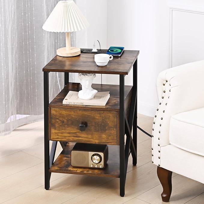 End Table with Wireless Charging, Charging End Table Bedside Table with Outlets, Charger Nightstand, Small End Table with Drawer, Night Stand with Storage for Bedroom, Living Room, Brown