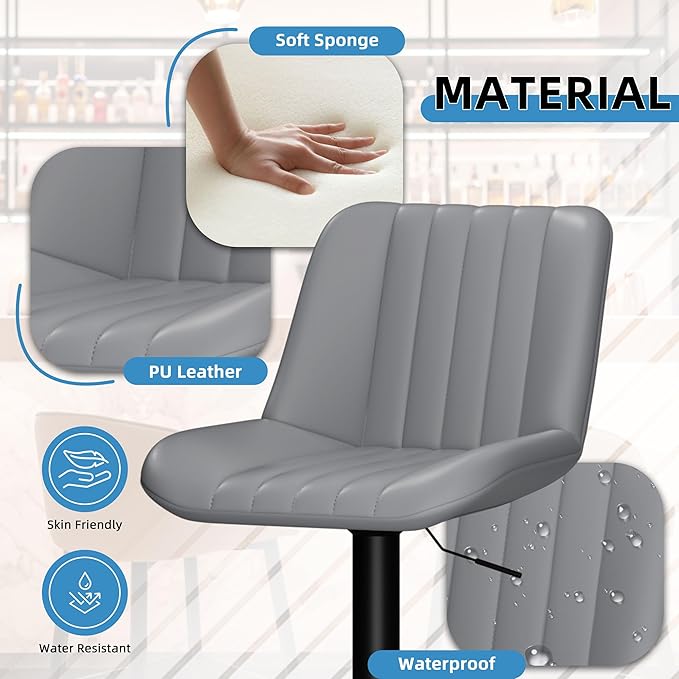 Shintenchi Swivel Bar Stools Set of 4, Adjustable Faux Leather Upholstered Swivel Counter Stools, Armless Bar Height Island Chairs with Back and Footrest, Gray