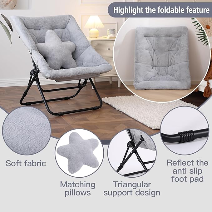 Welnow Comfy Saucer Chair with Ottoman, Oversized Folding Reading Chair for Adults with Throw Pillow Soft Faux Fur Lounge Chair for Bedroom Furry Accent Chair for Living Room, Dorm Rooms, Grey