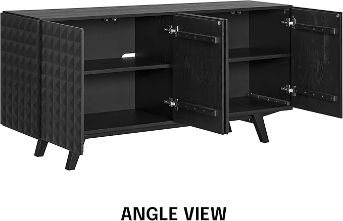 NTC Sapa Mid-Century Modern Solid Wood Sideboard – 4-Door Accent Buffet Cabinet with Carved Geometric Fronts, for Living Room, Dining Room, or Entryway, Effortless Assembly, Burnt Black