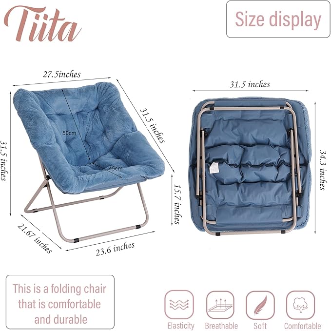 Tiita Comfy Saucer Chair, Soft Faux Fur Oversized Folding Accent Chair, Lounge Lazy Chair for Kids Teens Adults, Metal Frame Moon Chair for Bedroom, Living Room, Dorm Rooms, X-Large, Blue
