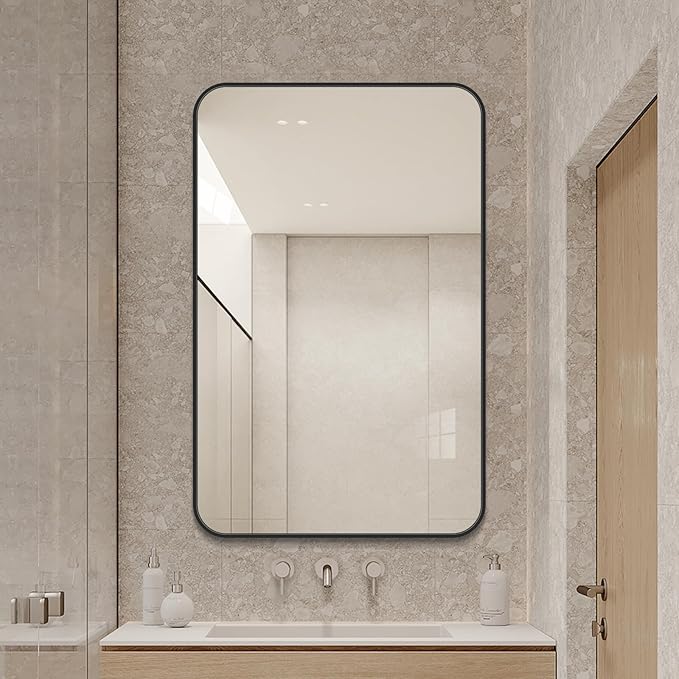 Large Modern Bathroom Mirror with Black Frame, 5mm Copper Free Silver Mirror,Black Frame, Easy Installation (Black, 48" L x 30" W)