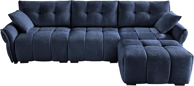 Modern Chenille Fabric 3-Seat Sofa w/Ottoman+2 Pillows, Premium Upholstery Living Room Couch with Tufted Backrest & Comfortable Armrests and High-Resilience Memory Foam Cushions,Blue