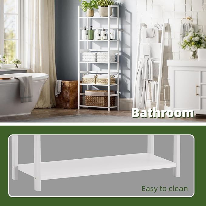 5-Tier Bookshelf, Industrial Bookcase with Bamboo Frame, Modern Display Standing Shelf Unit, Tall Wood Storage Organizer for Living Room, Home Office, White