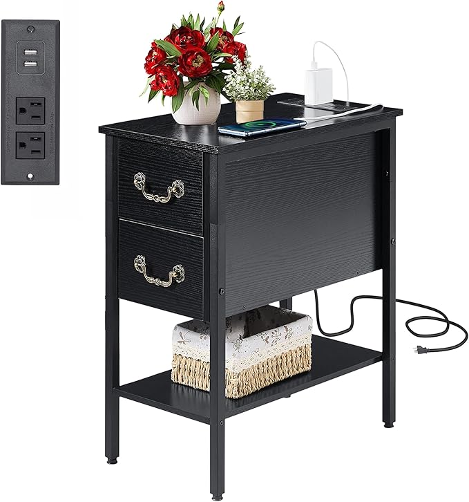 VECELO End Tables,Narrow Nightstands with Charging Station & USB Ports &Drawers,Night Stand for Living Room, Bedroom,Black