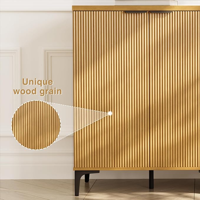 Fluted Sideboard Buffet Cabinet, 2 Doors Side Board Storage Cabinet, Buffet Cabinet with Line Groove Design,Side Board with Metal Legs and Handle, Buffet for Entryway, Natural Wood
