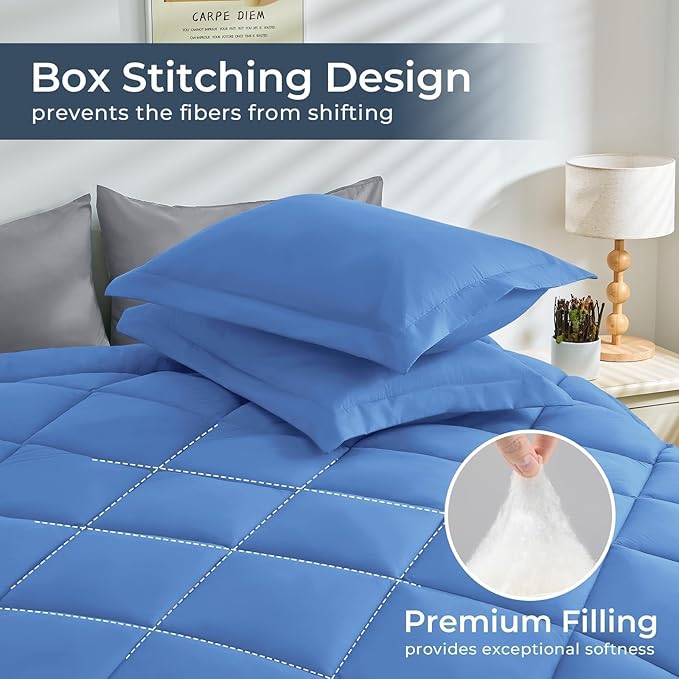 HEVUMYI Royal Blue & Light Grey Cali-King Comforter Set - 7-Piece All Season Bed in a Bag Cali-King, Ultra Soft Bedding Set with Comforter, Flat Sheet, Fitted Sheet, Pillowcases, Pillow Shams, Blue