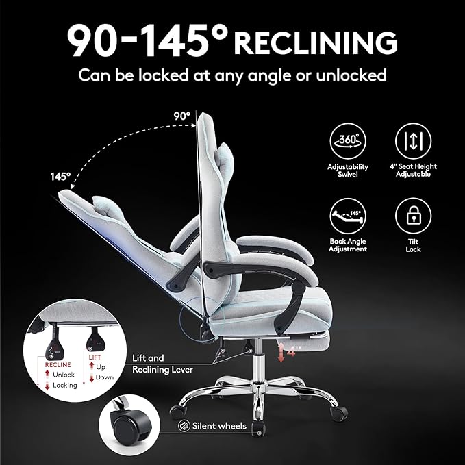 Gaming Chair Breathable Fabric,Computer Office Chair with Footrest,Massage Lumbar Support and Gel Pad,Ergonomic Reclining Adjustable Gamer Chair with Headrest and Spring Cushion Grey Blue