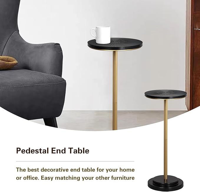Drink Table Set of 2, Small Round Pedestal Side Table with Carved Top for Living Room, Bedroom, Small Space, Corners and Office, Gold and Black