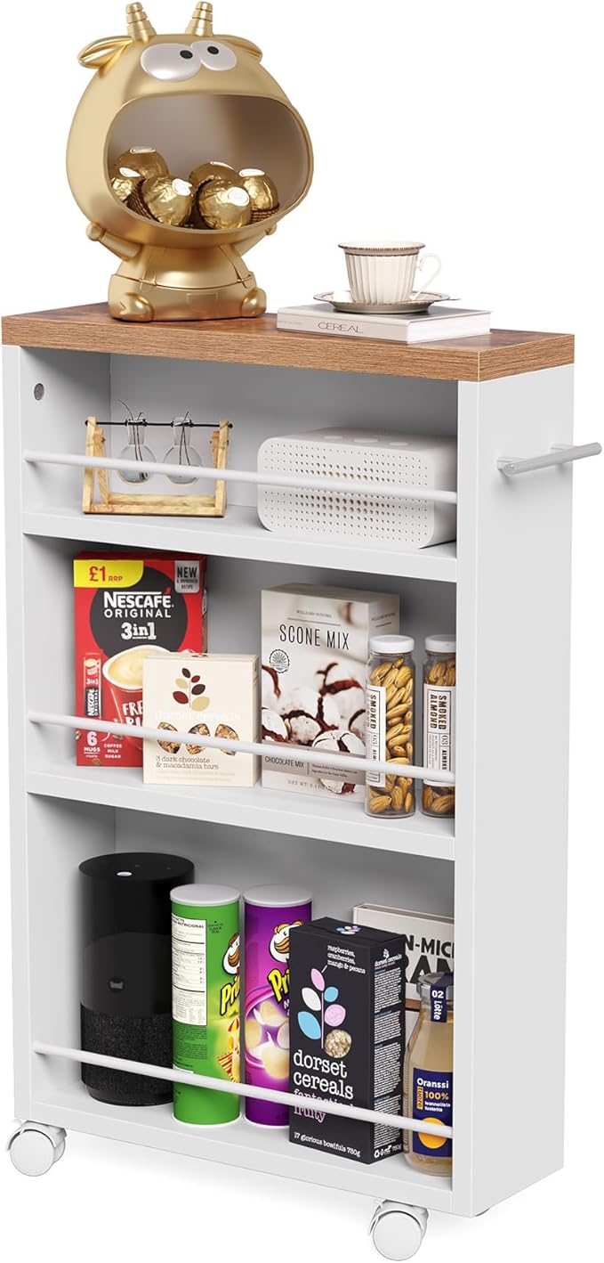 LITTLE TREE 4 Tier Rolling Cart with Wheels, 6.3 Inch Slim Storage Cart, Wooden Snack Cart with Narrow Shelf, White Laundry Room and Bathroom Organizer Shelves