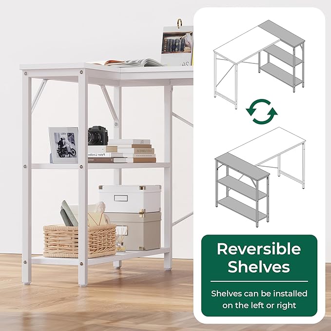 Huuger L Shaped Desk, 55 Inches Computer Desk with Reversible Storage Shelves, for Gaming Corner Home Office Writing Study, Metal Frame, White