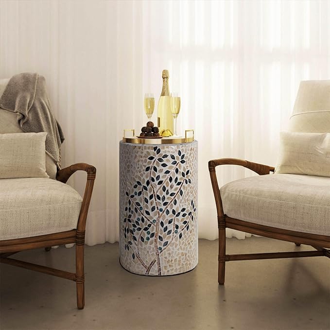 PEMAR Mother of Pearl Cylinder Drum End Table Nacre Side Stool Round Accent Table Coffee Bedside Nightstand and Vanity Stool (Olive Tree)