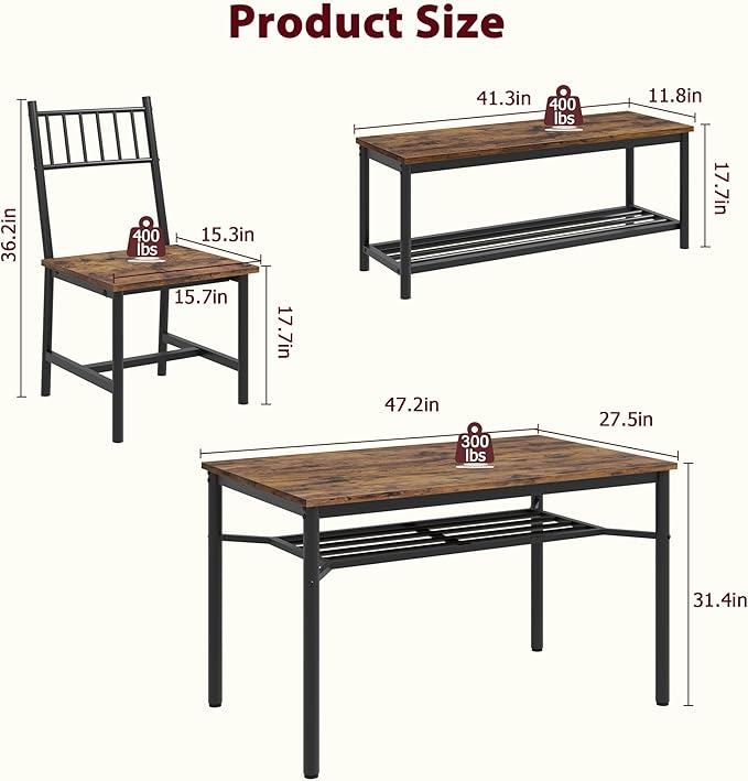 Dining Table Set for 4 with 2 Benches, 3-Piece Kitchen Table Set, Space-Saving Dining Set for Kitchen, Dining Room, Brown