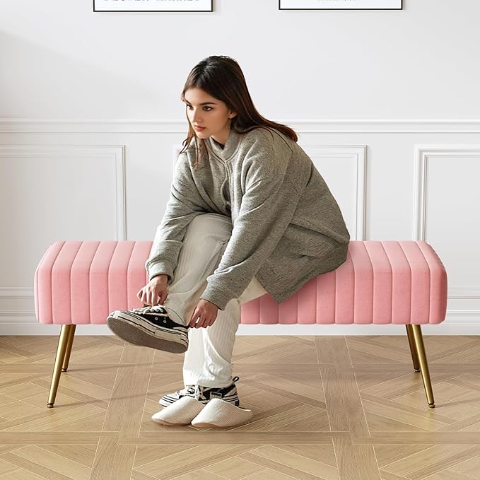 Furniliving 44 Inch Velvet Bench, Upholstered Tufted Striped Fabric Bedroom Bench with Golden Metal Legs, Ottoman for Living Room, Solid Wood Indoor Bench for Foyer (Pink)