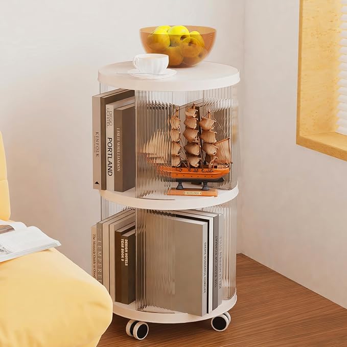 Rotating Bookshelf, 360°Display Spinning Bookshelf, 2 Tiers Moveable White Small Mobile Corner Bookcase Suitable for Bedrooms, Living Looms, Offices, and Study Rooms