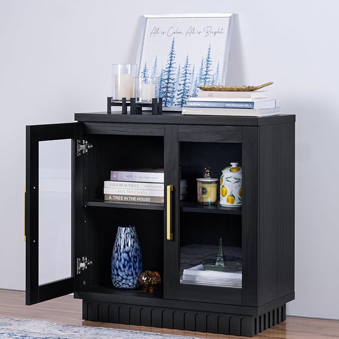 Buffet Cabinet with Storage, Sideboard Cabinet with Glass Doors, Accent Storage Cupboard Console Table for Kitchen, Hallway, Living Room, Dining Room, Smoked Black Oak