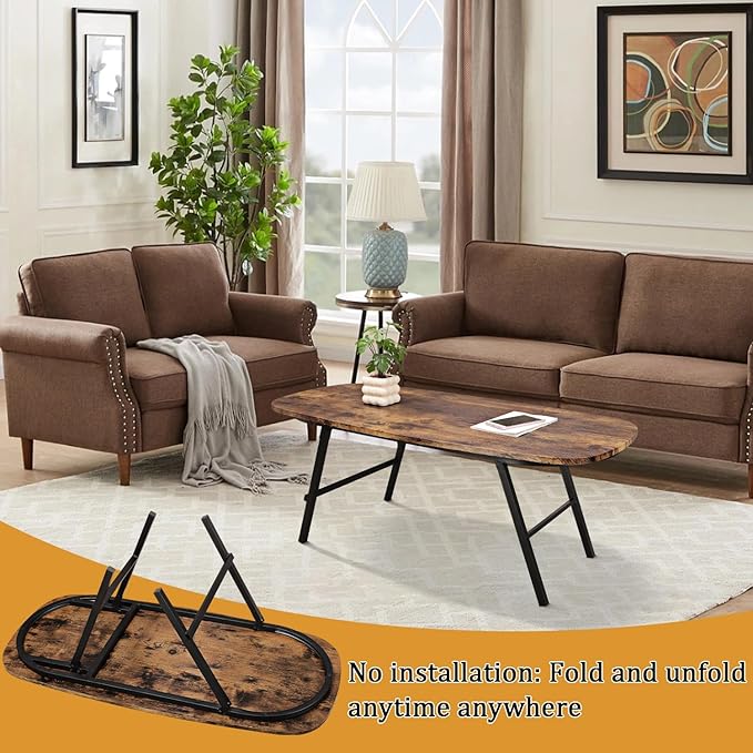 Foldable Coffee Table Natural Wood Oval Coffee Tables No Assembly Portable Floor Table Desk for Sitting on The Floor Low Coffee Table for Small Spaces Living Room Outdoor Use