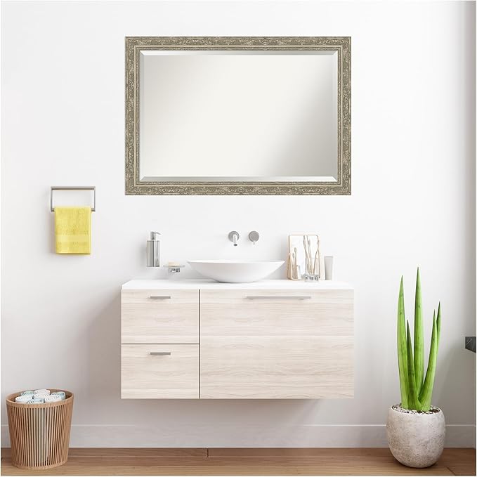 Amanti Art Bathroom Mirror for Over Sink, 29x41 Filigree Silver Rectangle Vanity Mirror, Large Traditional Frame, Hangs Horizonally and Vertically, Bathroom Wall Decor, Beveled Edge
