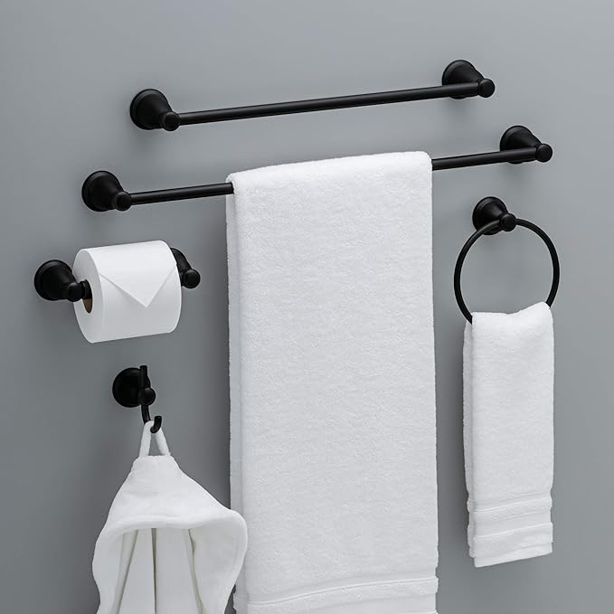 Franklin Brass Kinla 5-Piece Bathroom Set Matte Black 18" and 24" Towel Bar Racks, Toilet Paper Holder, Ring, Hook KIN5PC-MB