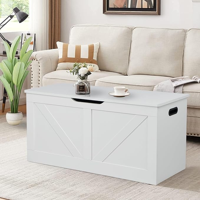 39.4" Storage Chest, Wooden Storage Bench, Large Storage Trunk with 2 Safety Hinges, Entryway Shoes Bench for Living Room, Bedroom, White