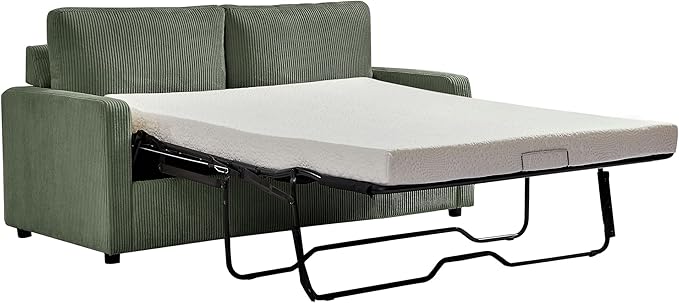 Reversible Sleeper Sofa Bed with Comfortable Memory Foam Mattress, Convertible Corduroy Full Size Pull Out Couch for Living Room, Space Saving Furniture, 70" Wide, Rectangular Arms, Dark Green
