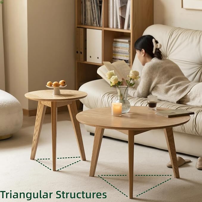 100% Solid Oak Wood Coffee Table Set, Round Coffee Table Combo Side Table w/Solid Wood Legs, Mid Century Table Sturdy Tables for Bedroom Balcony Living Room (Natural, Big-Medium Combo)