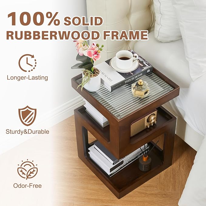 Uniclinens Bookshelf Nightstand 3-Tier Storage, End Side Table with Tempered Glass Desktop, Modern Solid Wood Bedside Table for Bedroom Living Room, Walnut