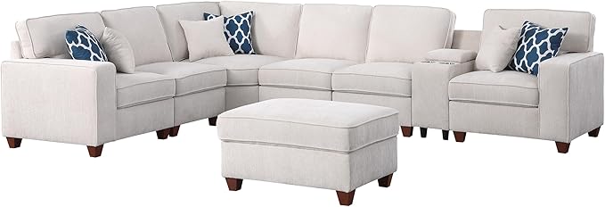 127" L-Shaped Sectional Couch with Movable Ottoman & 6 Throw Pillows,7 Seat Chenille Upholstered Sofa W/2 Cup Holder,USB Port & Hidden Storage Box,DIY Combination,for Living Room,Apartment,Beige