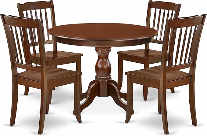 East West Furniture HBDA5-MAH-W 5 Piece Dining Set Includes a Round Dining Table with Pedestal and 4 Kitchen Chairs, 42x42 Inch, Mahogany
