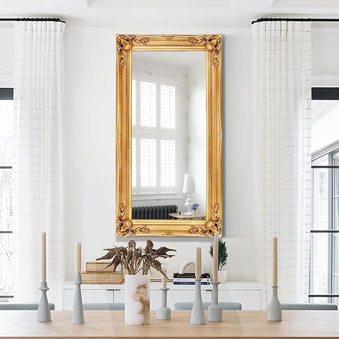 Large Decorative Mirrors for Living Room, 49.6''x25.9''Gold Vintage Dining Room Mirror with Ornate Frame, Traditional Baroque Entryway Mirror, Horizontal/Vertical