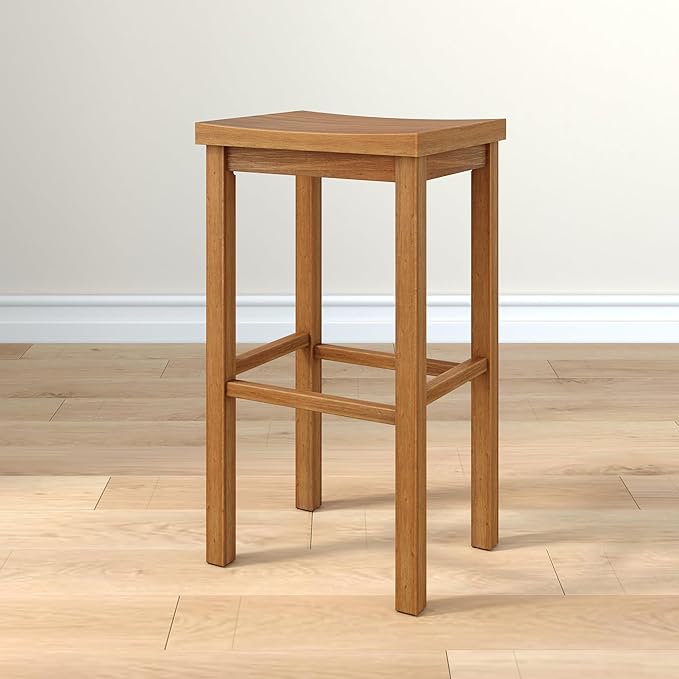 Grain & Grove Smith Collection Solid Wood Bar Stool, 30 inch Saddle-Seat Bar Chair, Backless, Heavy-Duty Construction, Footrest Support, Ideal for Kitchen Islands, Home Bars, and Counters, Pecan