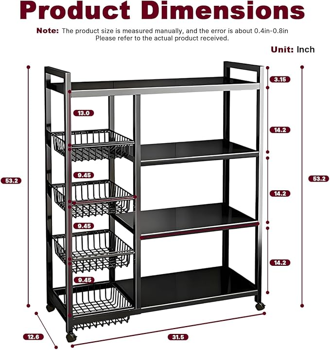 4-Tier Versatile Metal Storage Rack,Vegetable Fruit Basket Kitchen Storage Rolling Cart on Wheels, Kitchen Storage Shelf with 4 Removable Mesh Baskets,Can be Used in Bedrooms,Kitchens,Living Rooms