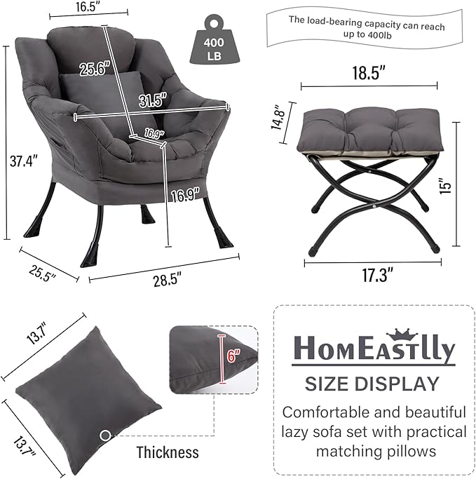 Large Lazy Chair with Ottoman, Accent Reading Chair with a Throw Pillow, Cozy Lounge Chair with Armrest, Leisure Sofa Chair for Living Room, Bedroom, Dorm, Dark Grey