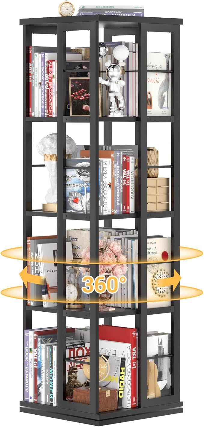 Aheaplus Rotating Bookshelf, 360 Display Wood Spinning Bookshelf, Floor Standing Bookcase Narrow Shelf Revolving Organizer Storage Rack for Small Space, Bedroom, Study Room, Black