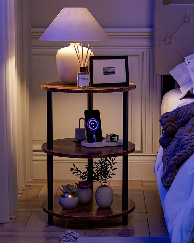 Small Round End Table - 3 Tier Design Accent Table, Narrow Side or Bedside Stand, Industrial Vintage Table for Small Spaces, Built-in USB Ports and Power Outlet, Rustic Brown