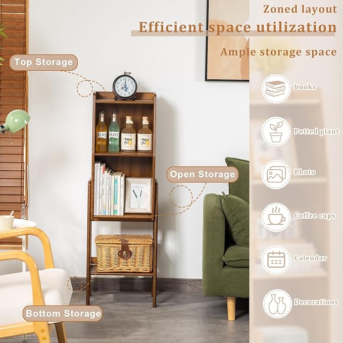 3-Tier Bamboo Bookshelf - Wood Bookcase Organizer with Open Shelves for Living Room & Home Office-Walnut Medium