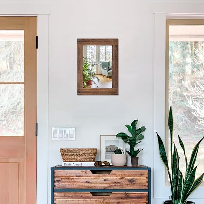 Wood Mirror Rectangular Framed Rustic Vintage Mirrors Decor Farmhouse Bedroom Bathroom Mirror for Dressing Table Entrance Small 16"x12" Brown