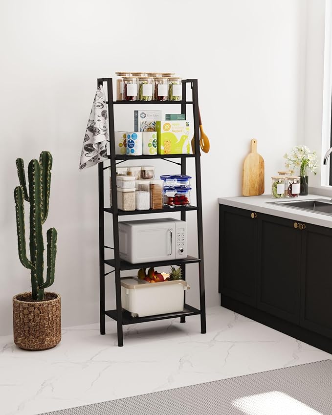Ladder Shelf, Bookshelf Bookcase, Freestanding Corner Storage Shelve with 2 Hooks for Home Office, Living Room, Kitchen, Bedroom, Industrial, 5-Tier Black BC19304B