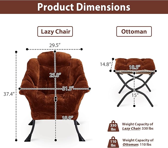 Lazy Chair with Folding Ottoman, Accent Chair Plush Upholstered with Metal Structure and Non-Slip Pads, Sofa Armchair with Footrest and Side Storage Bag for Dorm, Room, Office, Brown