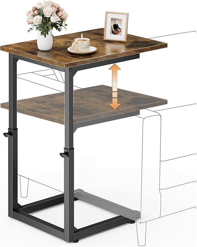 Vagusicc C Shaped End Table, 33" Tall Couch Table Adjustable Height Side Table, Sofa Table That Slide Under, C Table End Table TV Tray Coffee Arm Table for Living Room, Bedroom, Small Spaces, Brown