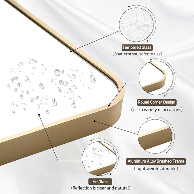 Gold Mirror, 22x30 Inch Gold Rectangle Mirror, Aluminum Alloy Framed Vanity Mirror, Rounded Rectangle Bathroom Mirror for Over Sink, Anti-Rust Wall Mirror (Horizontally or Vertically)