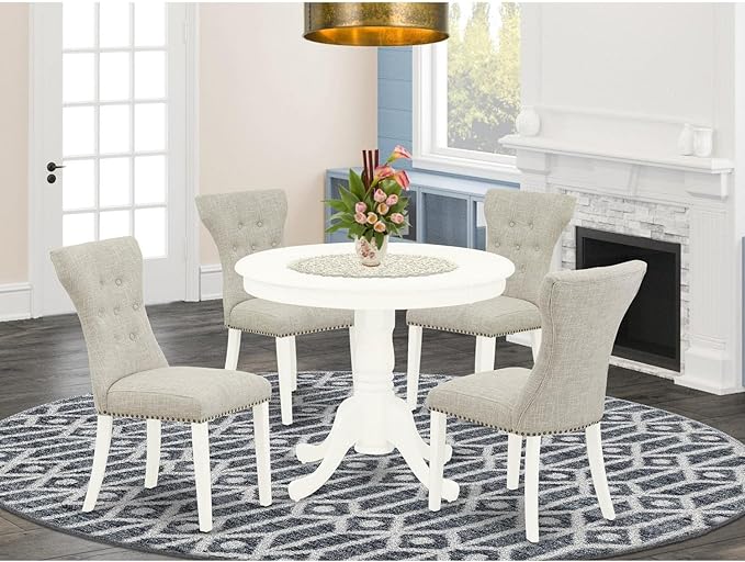 East West Furniture ANGA5-LWH-35 5 Piece Dining Table Set for 4 Includes a Round Kitchen Table with Pedestal and 4 Doeskin Linen Fabric Upholstered Parson Chairs, 36x36 Inch, Linen White