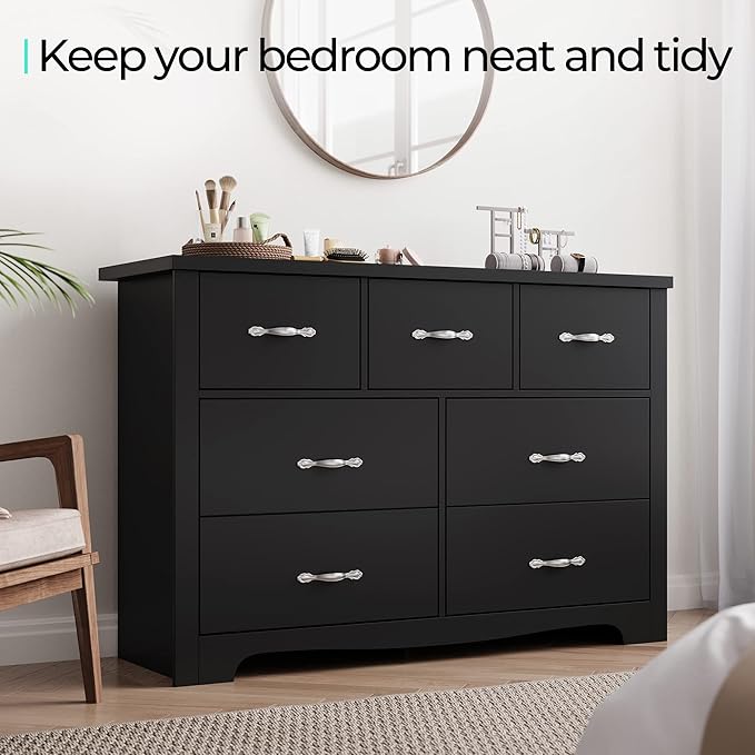 LINSY HOME 7 Drawers Dresser for Bedroom, Wood Bedroom Dresser Modern Drawer Chest, 7 Chest of Drawer, Tall Dresser for Closet, Dressers Organizer for Living Room, Closet, Hallway