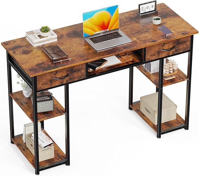 Whitmor Computer Desk - 48 Inch Home Office Study Writing Table with 2 Fabric Drawers, Storage Shelves, Side Bag, Headphone Hook, Brown