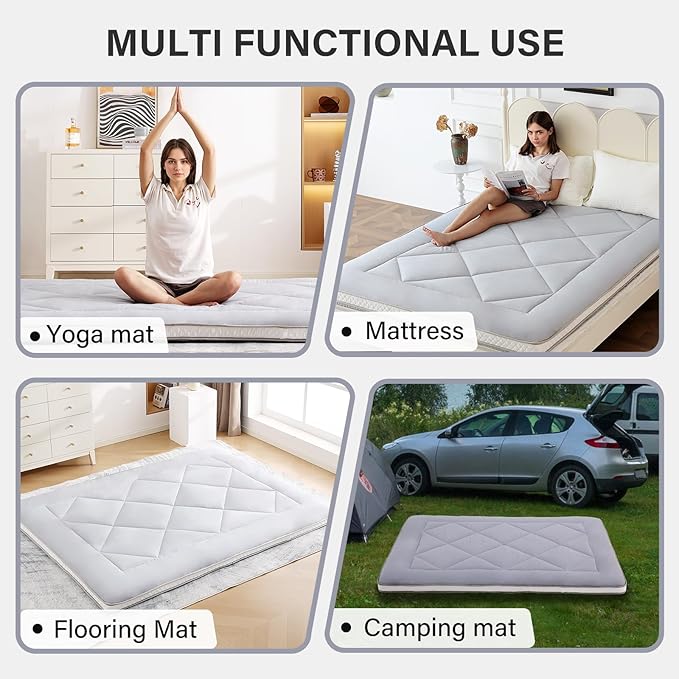 Welnow Japanese Futon Floor Mattress, Thick Full Size Tatami Mat Portable & Foldable Roll Up Floor Bed Mattress with Storage Bag, Sleeping Pad for Adults, Dorm, Guest Bed, Camping and Travel, Grey