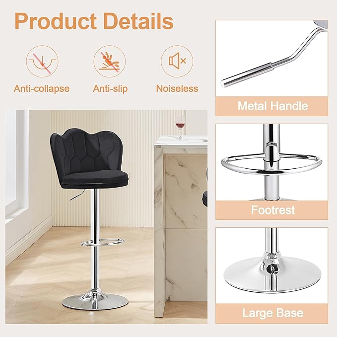 VECELO Bar Stools Set of 4, Adjustable Barstools with Back, Velvet Armless Counter Height Stool Kitchen Island Stool Swivel Bar Chairs for Pub Dining Room Living Room, Black