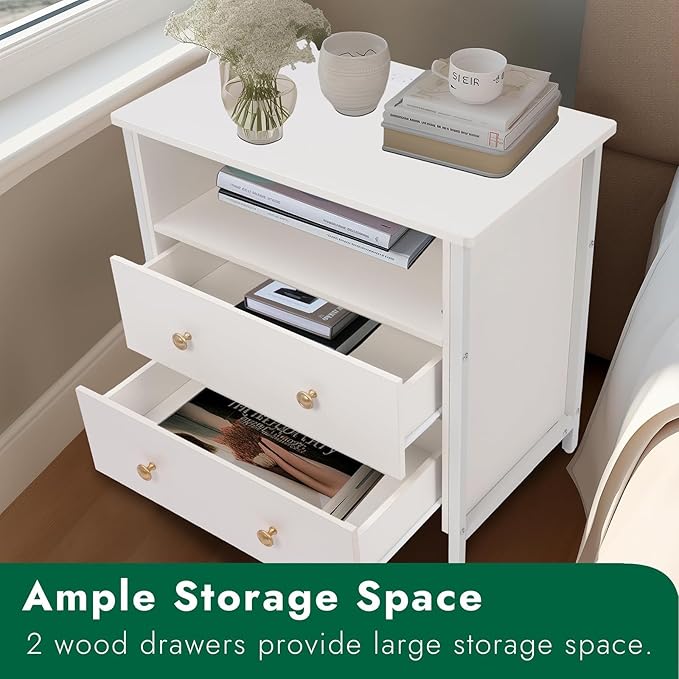 27 Inch Wide Night Stand, Large Wood Night Stand Set 2 with 2 Drawers, LED Nightstand with Charging Station and Adjustable Drawer, Bedside Table for Living Room/Bedroom/Study/Office, White.