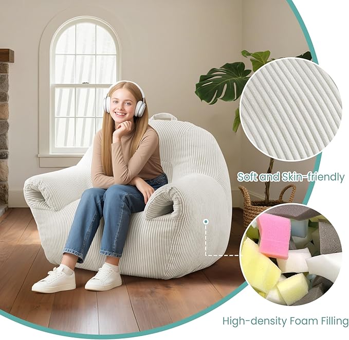 DAICO Bean Bag Chairs for Adults Oversized BeanBag Chair with Armrests Bean Bag Sofa Comfy Accent Chair Corduroy Lazy Floor Single Sofas with Foam for Bedroom Living Room Reading Gaming Beige