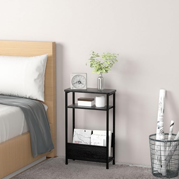7.1" Narrow Side Table for Small Spaces, 3 Tier Small End Table with Magazine Holder, Slim/Skinny Nightstand/Bedside Table for Living Room, Bedroom, 15.4" L x 24.2" H, Black